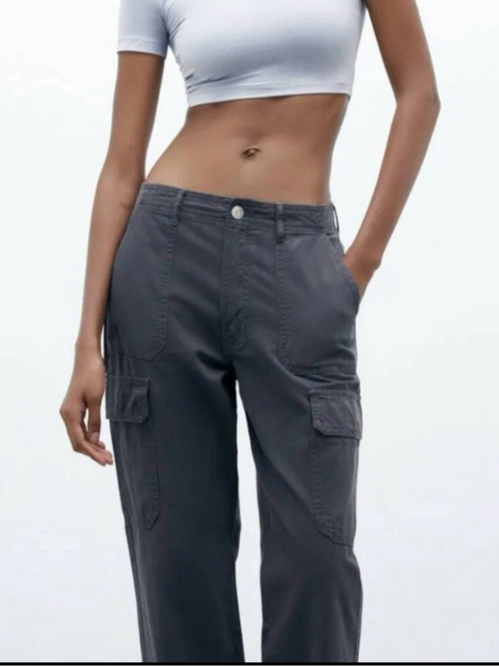 Zara Dark Grey TRF Straight Leg Cargo Pants Size 10 Utility Pockets